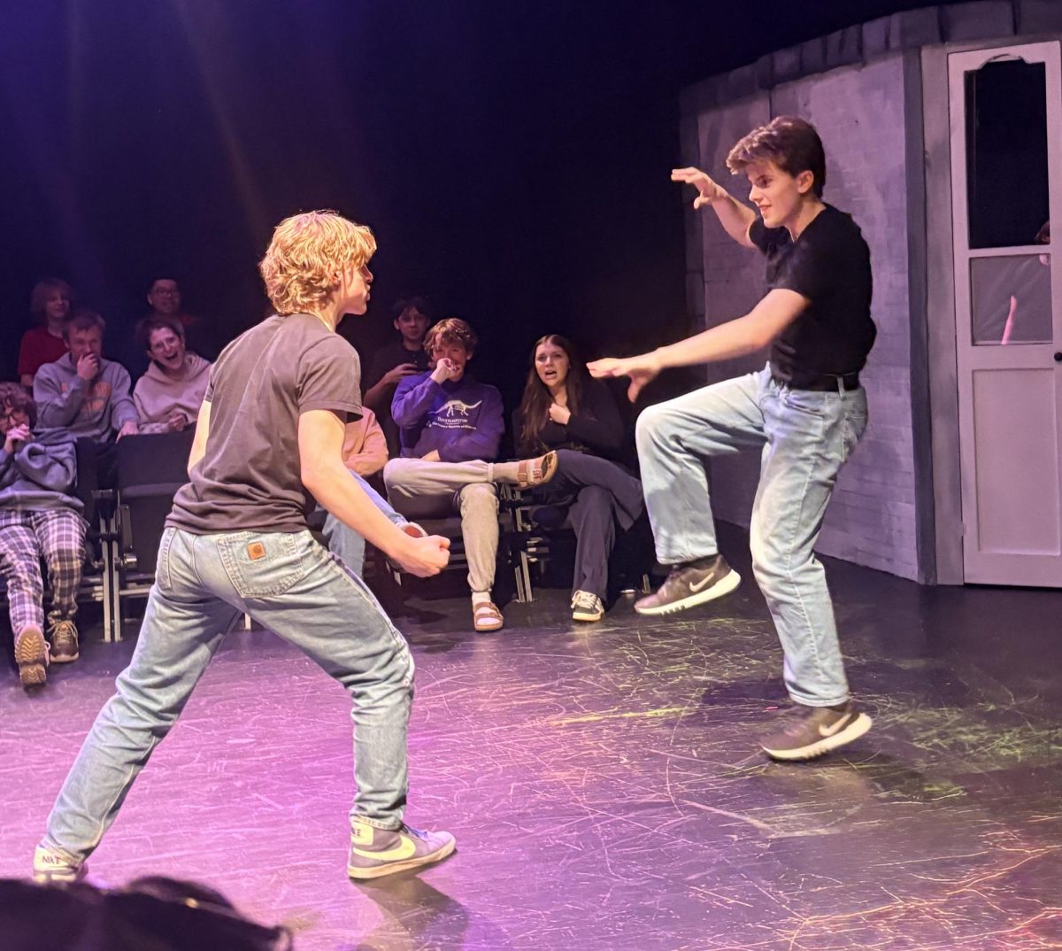Jed and Sammy acting out what I can only assume to be an epic ninja battle, circa last improv show